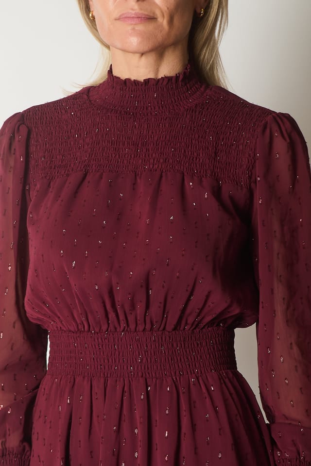 SOLO SOLO Women's Long Sleeve Smocked Waist Dress with Subtle Sparkle in Wine - 3