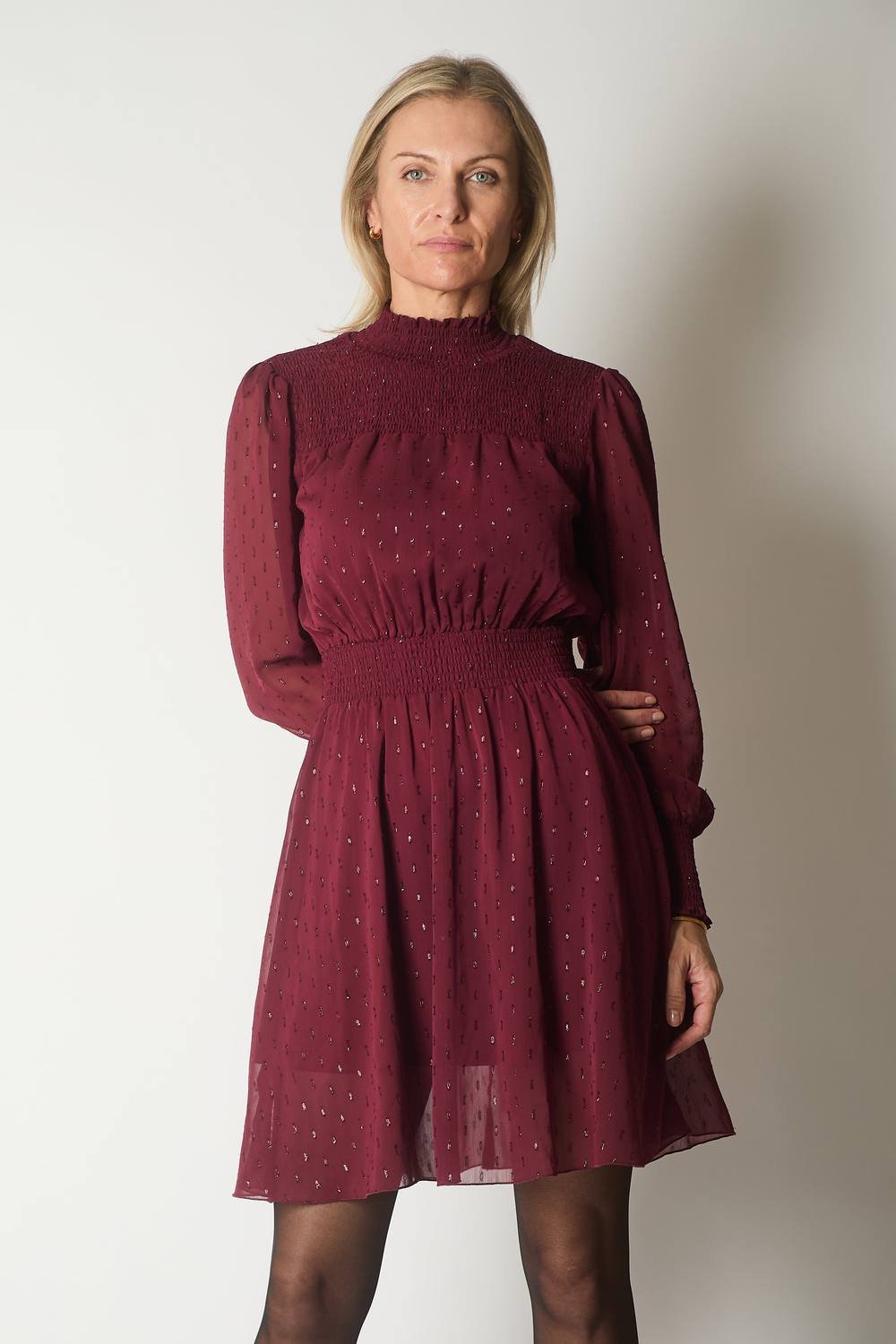 SOLO SOLO Women's Long Sleeve Smocked Waist Dress with Subtle Sparkle in Wine - 4