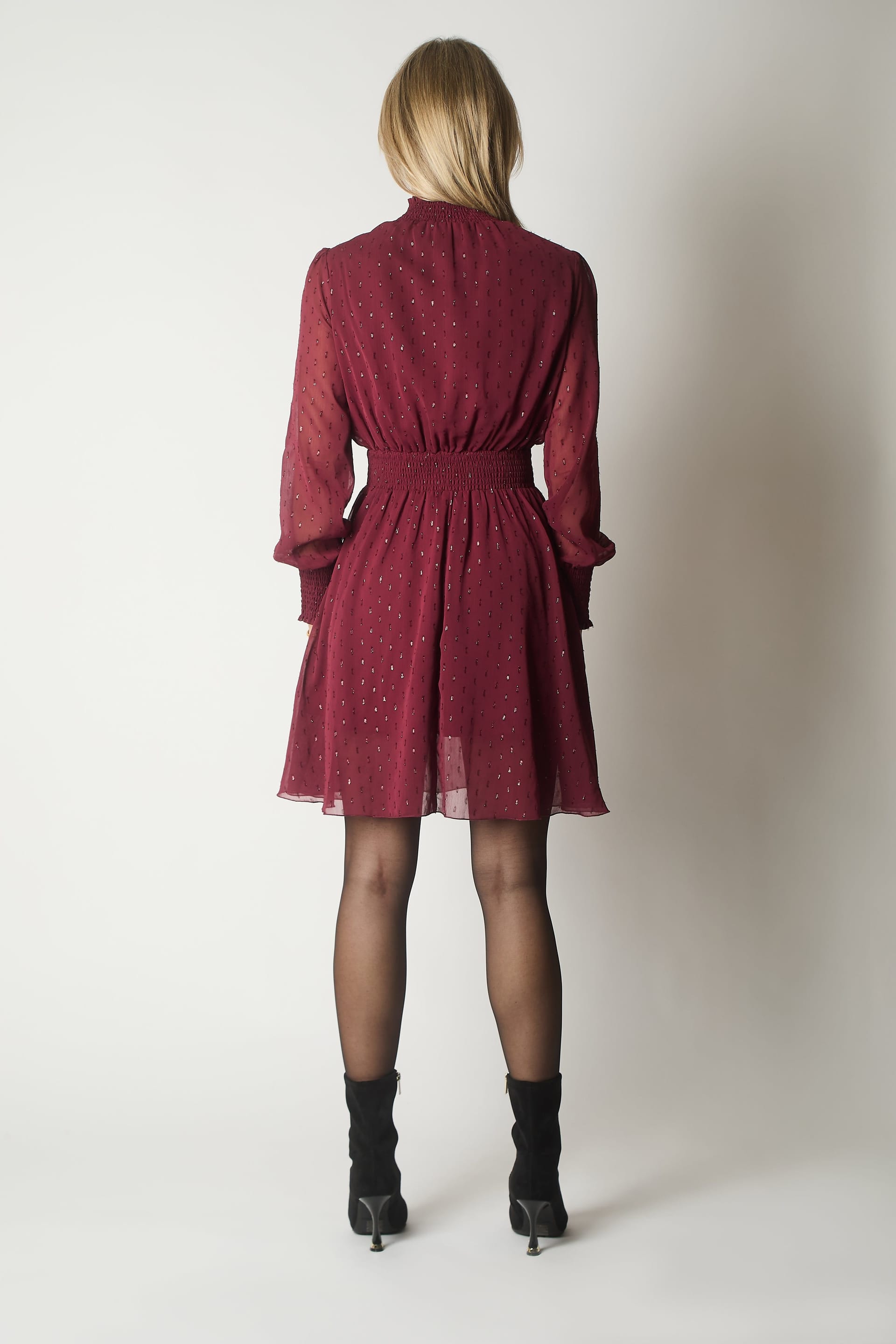 SOLO SOLO Women's Long Sleeve Smocked Waist Dress with Subtle Sparkle in Wine - 4