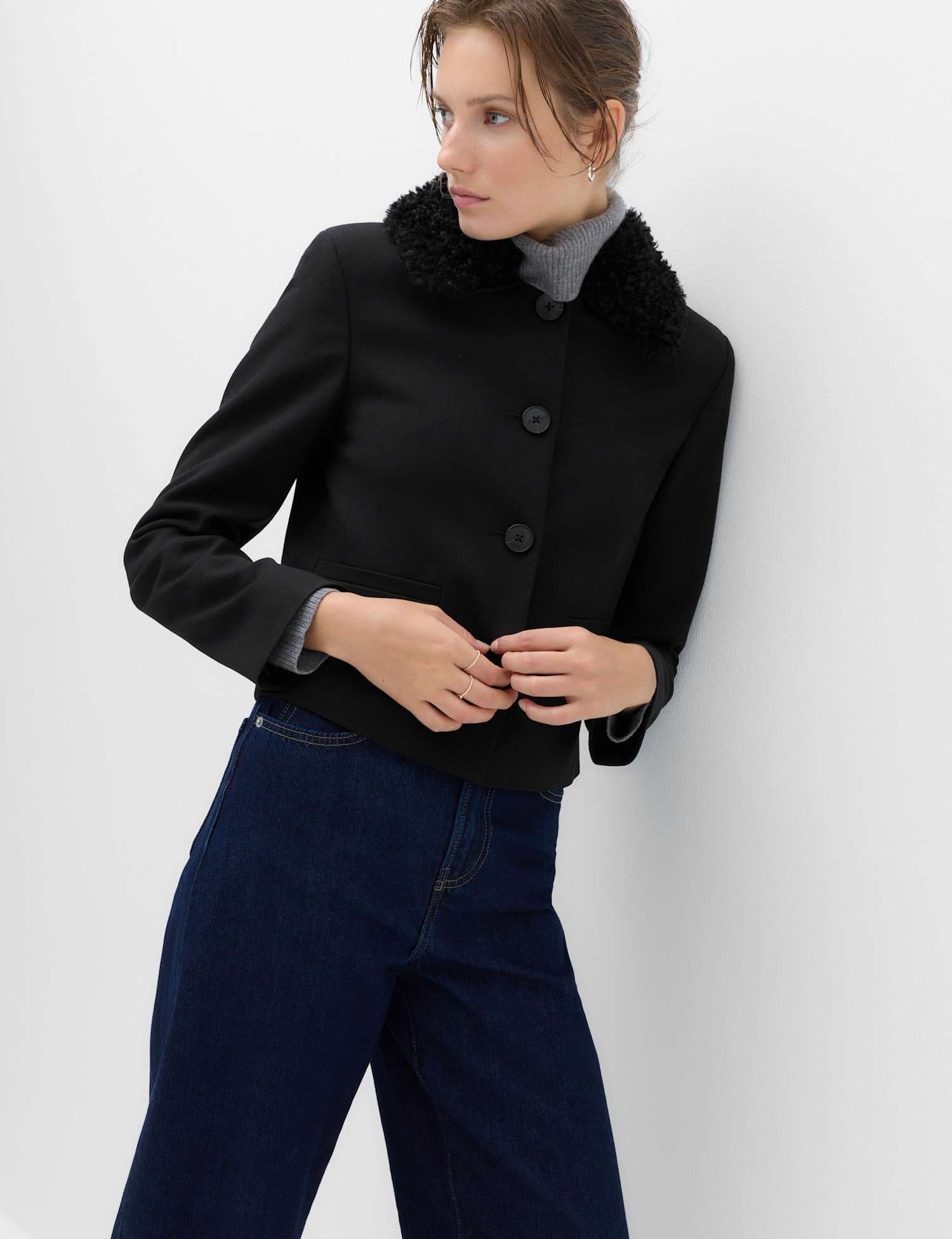 Marks & Spencer M&S Faux Fur Trim Collared Short Jacket with Stretch Black