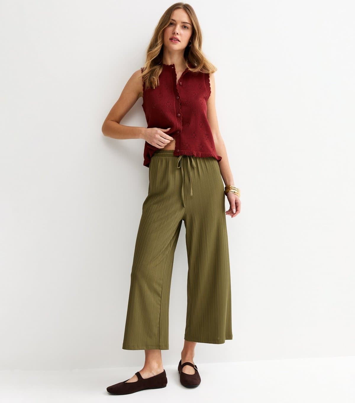 New Look Women's Khaki Ribbed Cropped Wide Leg Trousers New Look