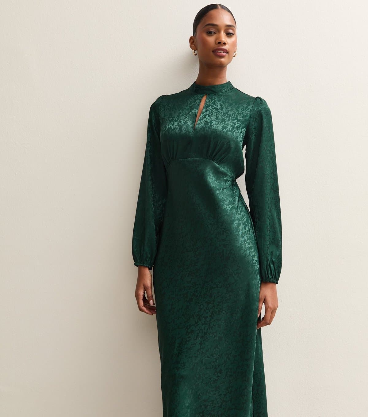 New Look Women's Dark Green Satin Jacquard Keyhole Neck Midi Dress New Look