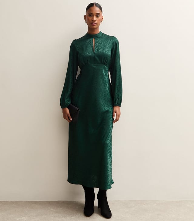 New Look Women's Dark Green Satin Jacquard Keyhole Neck Midi Dress New Look - 3