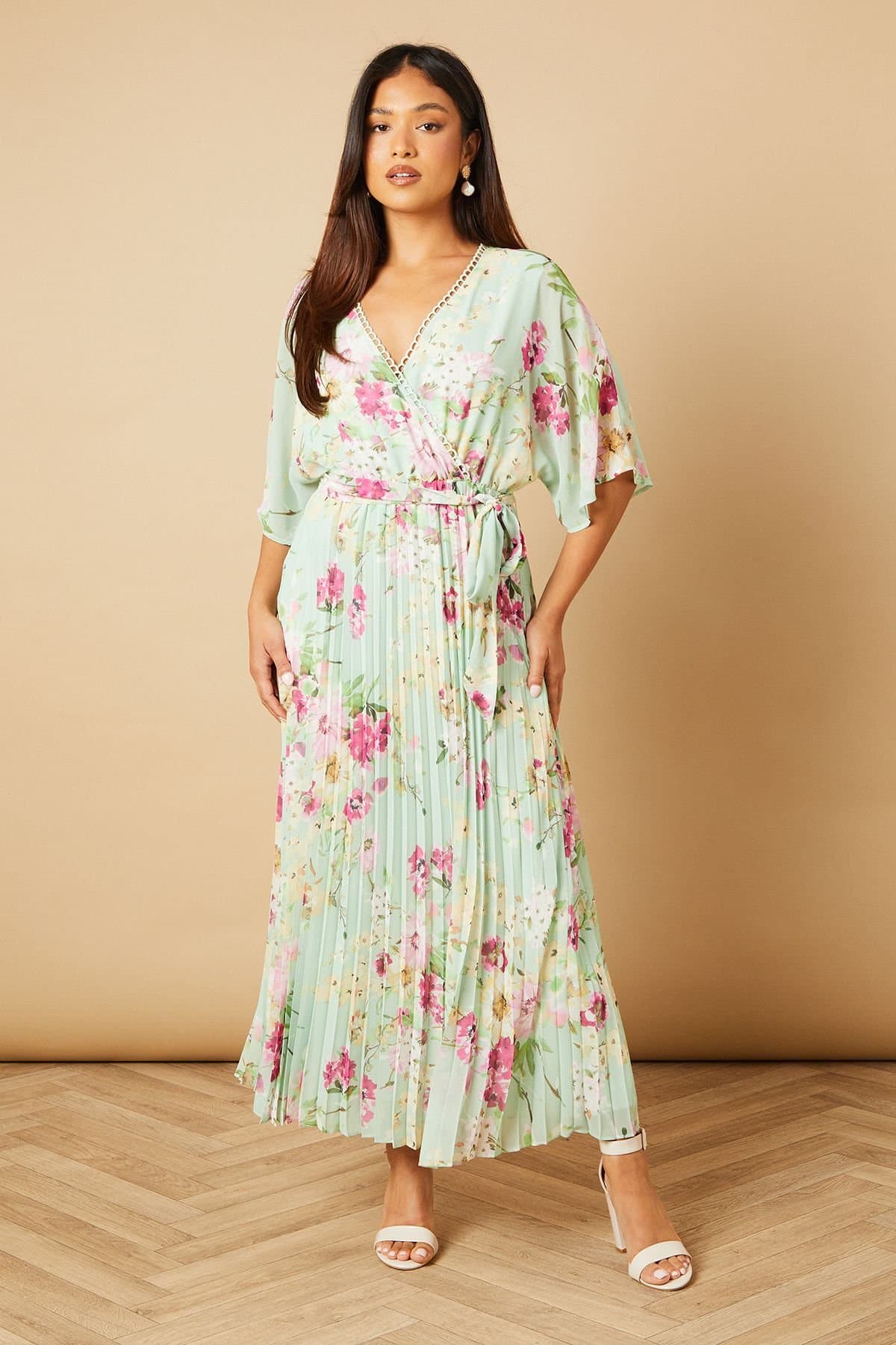 Oasis Oasis Women's Petite Occasion Kimono Sleeve Pleated Midi Dress in Sage