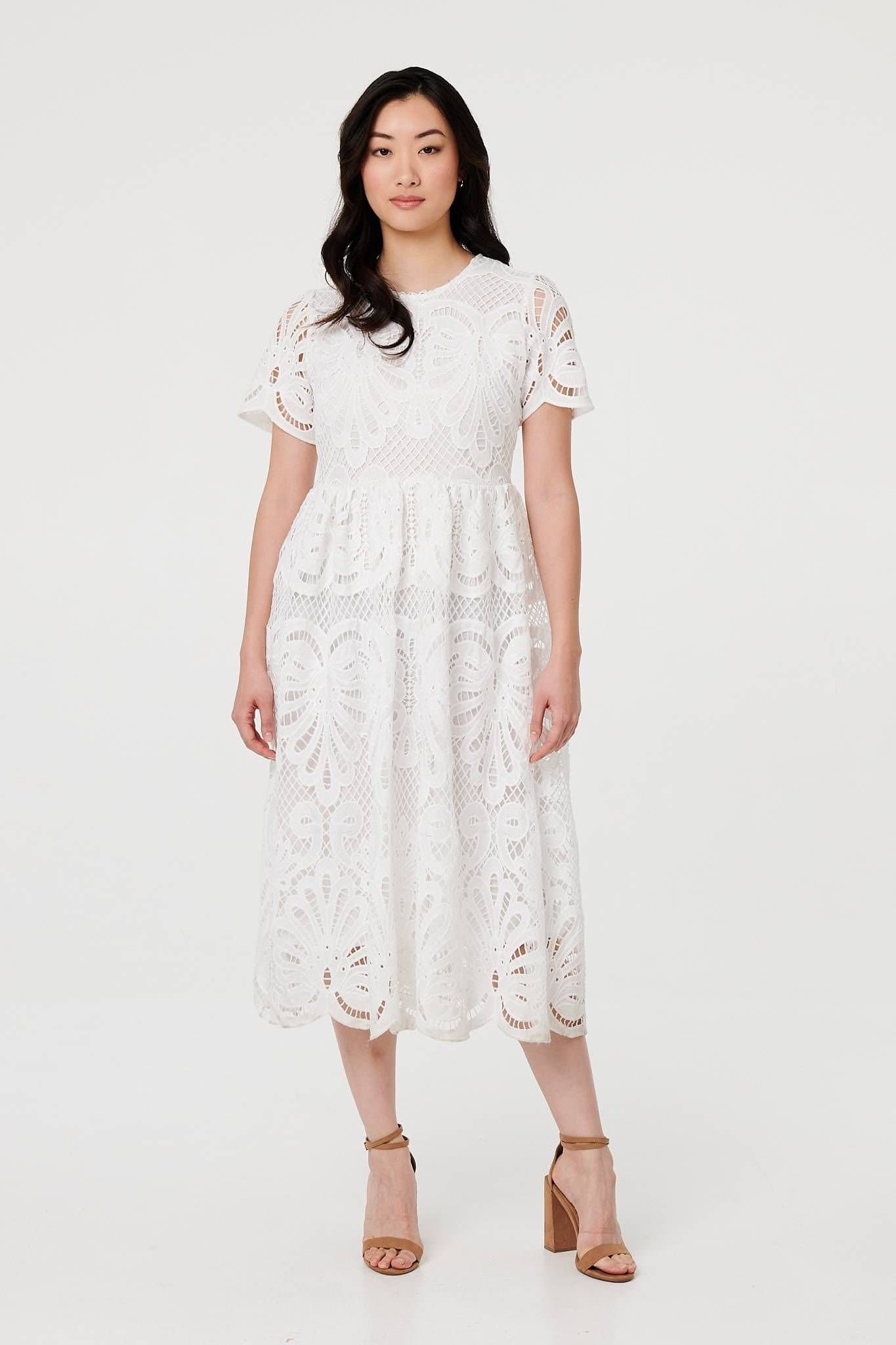 Izabel London Izabel London Women's Semi Sheer Lace Layered Midi Dress in White
