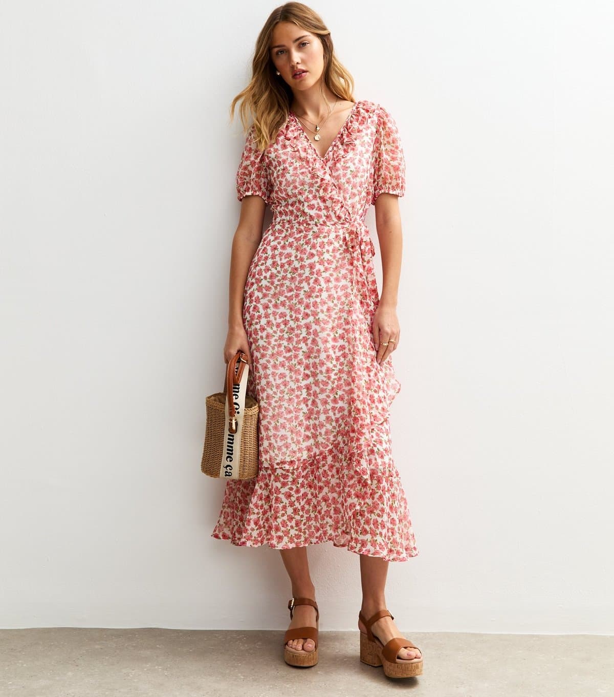 New Look Women's Pink Rose Print Chiffon Wrap Midi Dress New Look