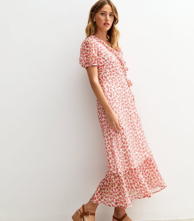New Look Women's Pink Rose Print Chiffon Wrap Midi Dress New Look - 2