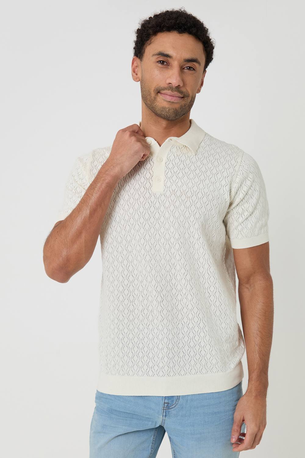 Threadbare Threadbare Men's Cotton Textured Knit Short Sleeve Polo in Natural - 3
