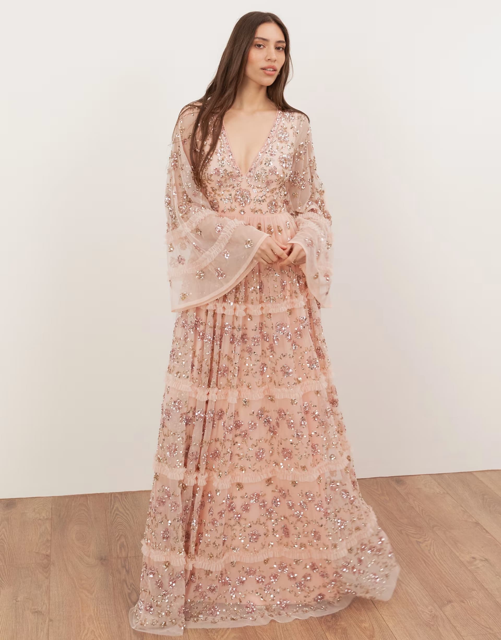 ASOS Maya Embellished flared long sleeve maxi dress in peach