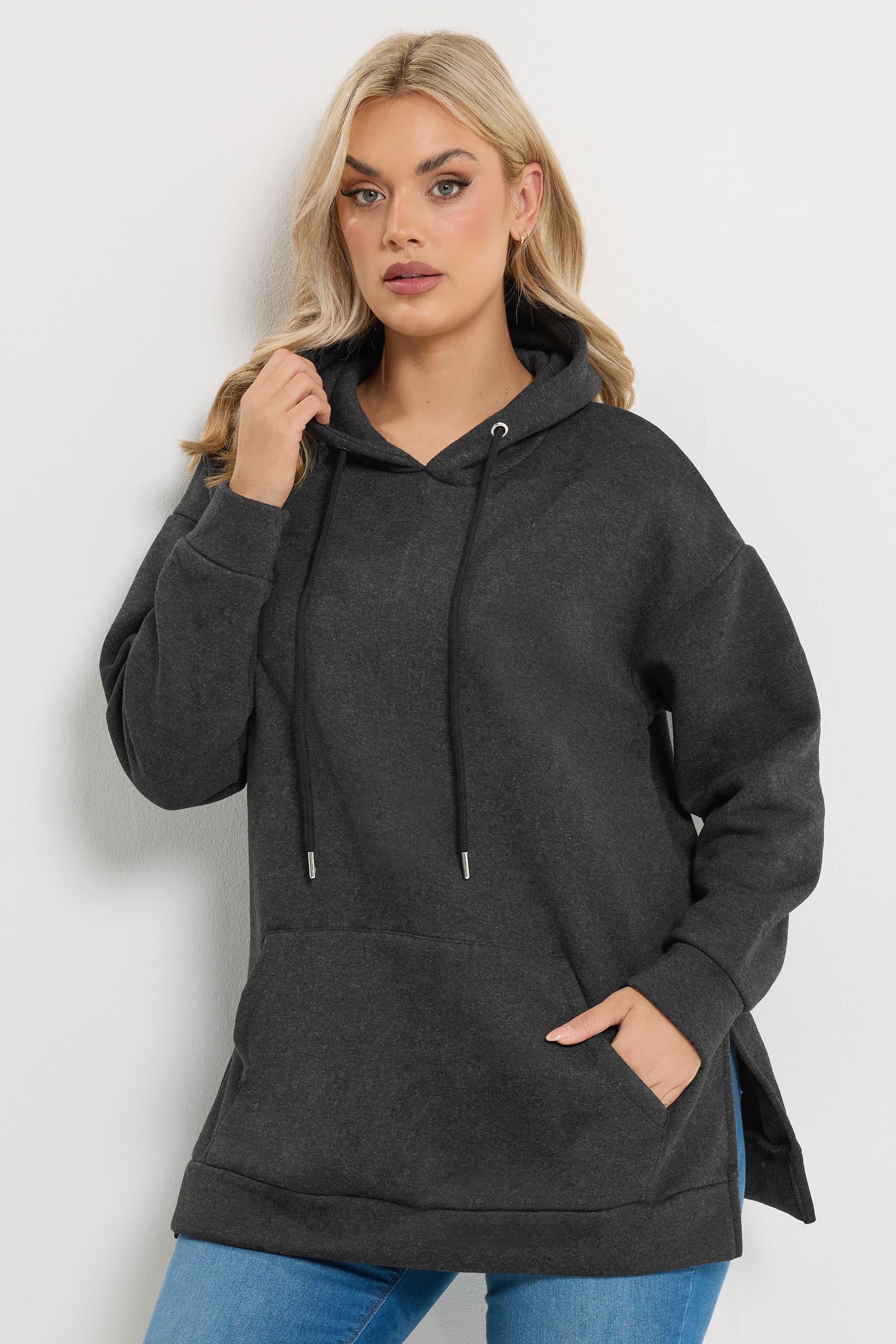 Yours Plus Size Grey Seam Detail Drawstring Hoodie