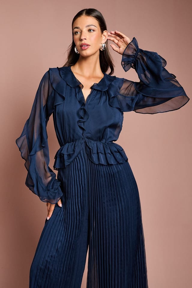 Coast Coast Women's Soft Chiffon Frill Jumpsuit in Navy - 2