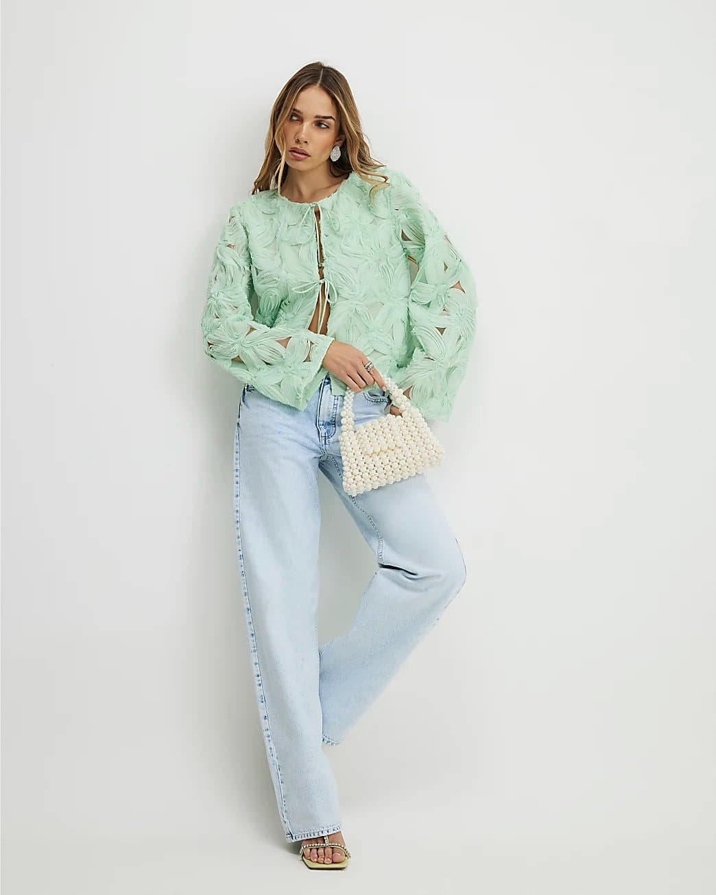 River Island River Island Womens Green 3D Flower Tie Front Jacket