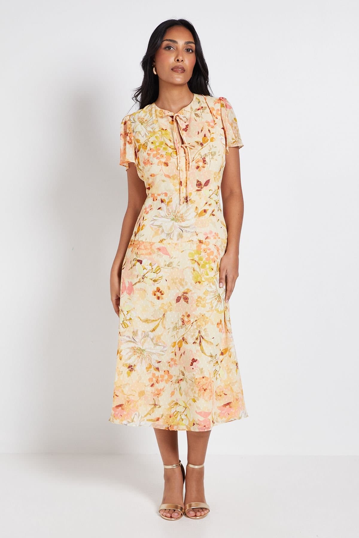 Wallis Wallis Women's Petite Floral Dobby Tie Front Midi Dress in Yellow
