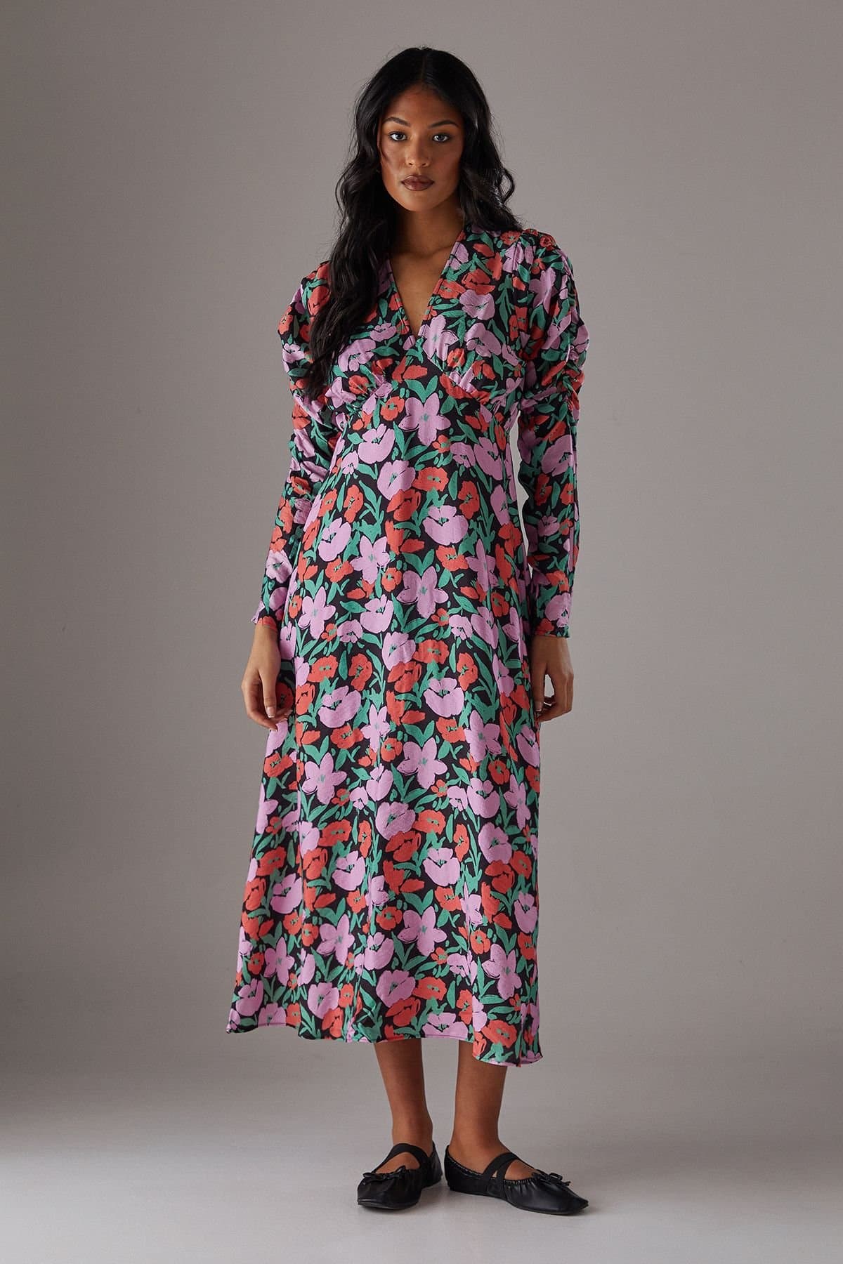 Warehouse Warehouse Women's Floral Viscose V Neck Long Puff Sleeve Midi Dress