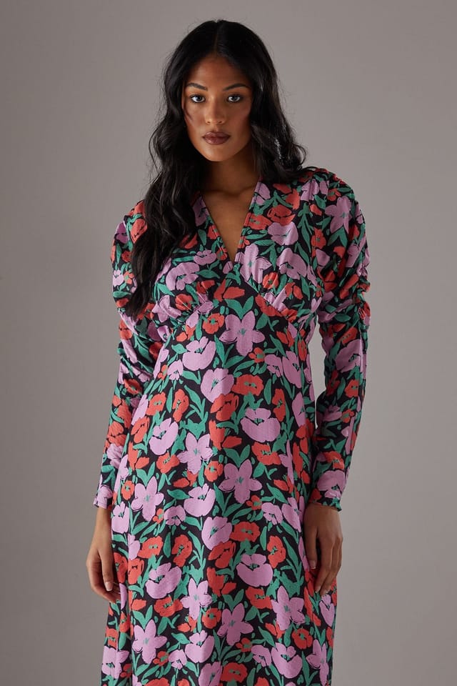 Warehouse Warehouse Women's Floral Viscose V Neck Long Puff Sleeve Midi Dress - 2