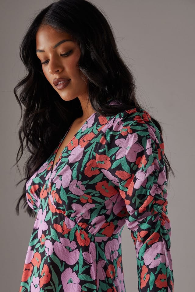 Warehouse Warehouse Women's Floral Viscose V Neck Long Puff Sleeve Midi Dress - 3