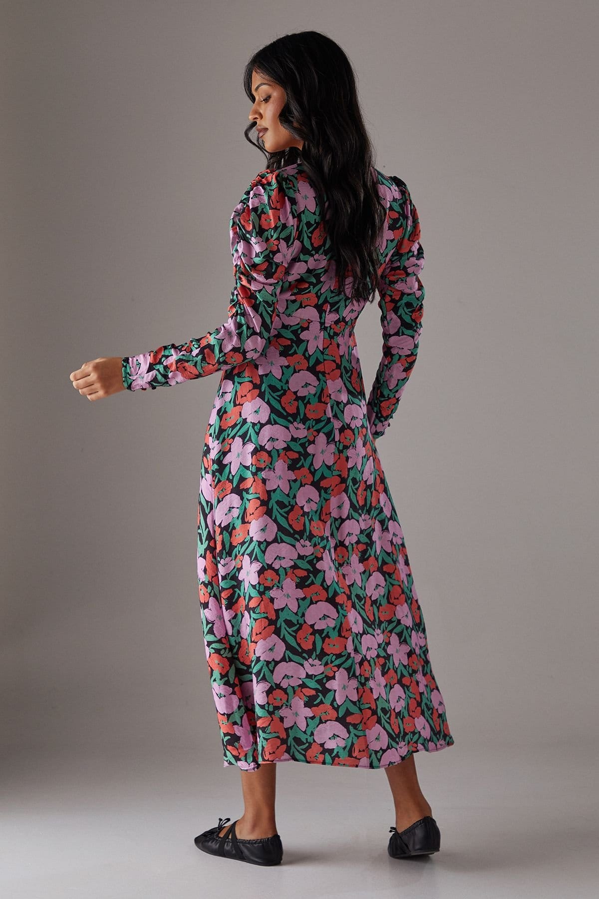 Warehouse Warehouse Women's Floral Viscose V Neck Long Puff Sleeve Midi Dress - 4