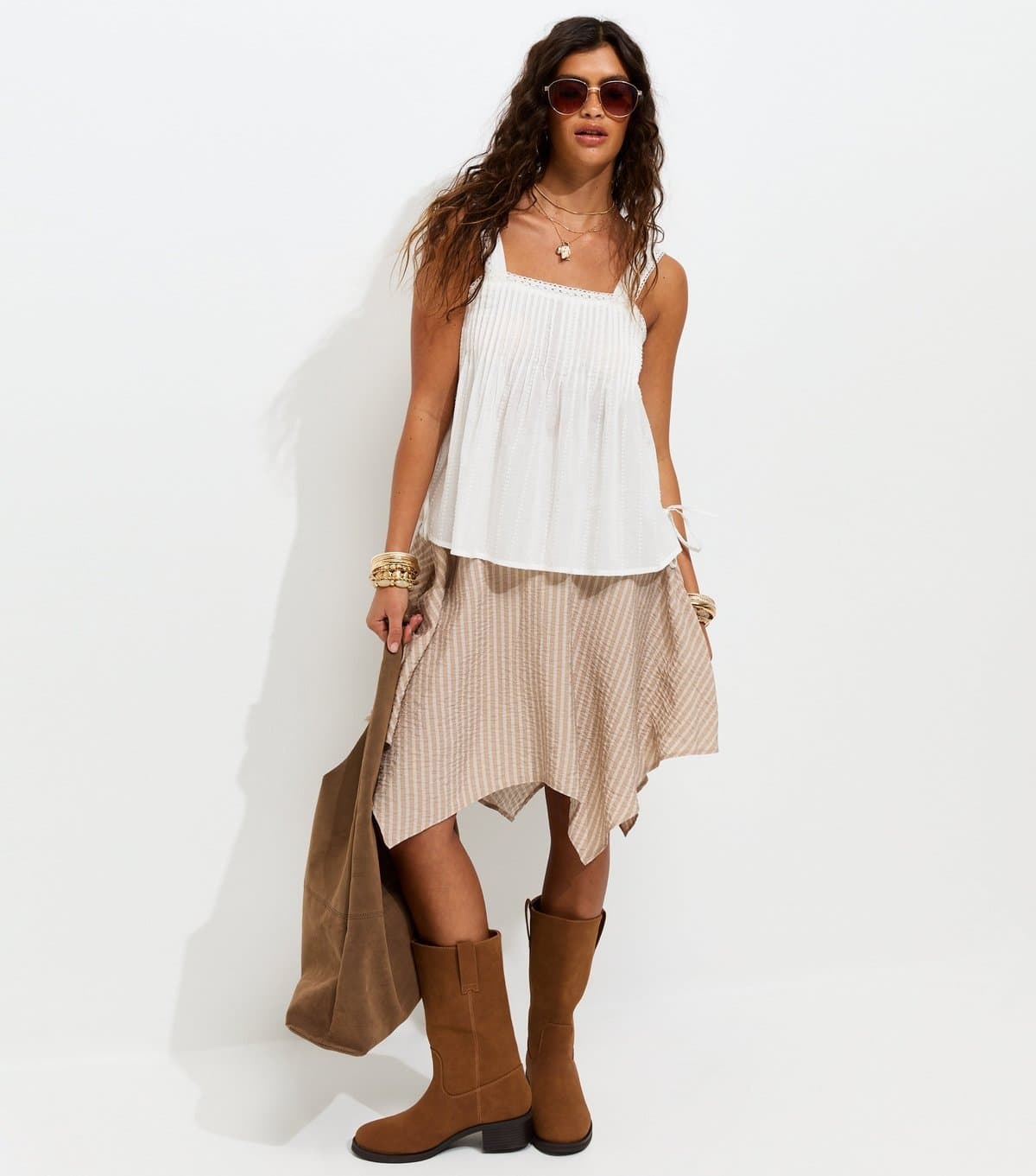 New Look New Look Stone Crinkle Texture Striped Midi Skirt