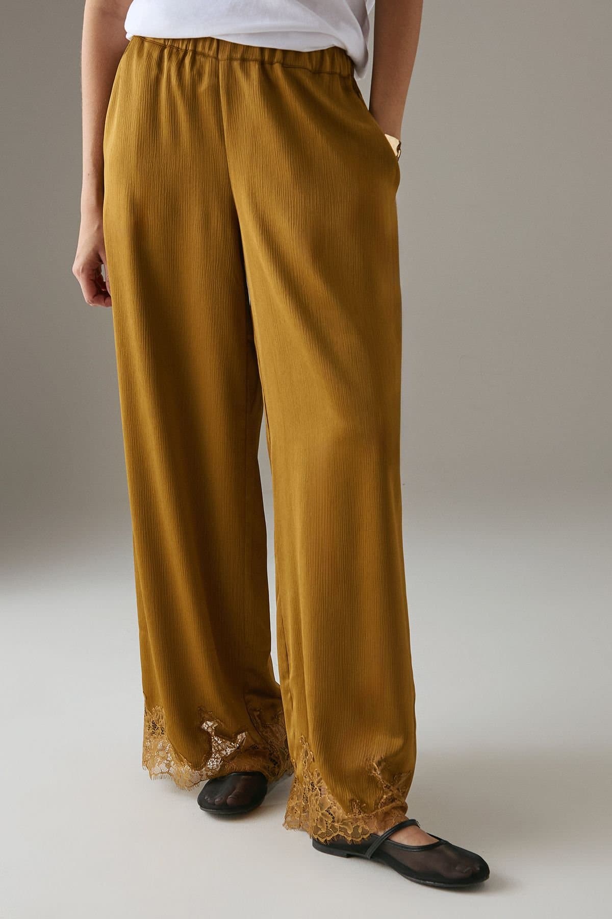 Warehouse Warehouse Women's Satin Lace Insert High Waisted Wide Leg Trousers in Ochre