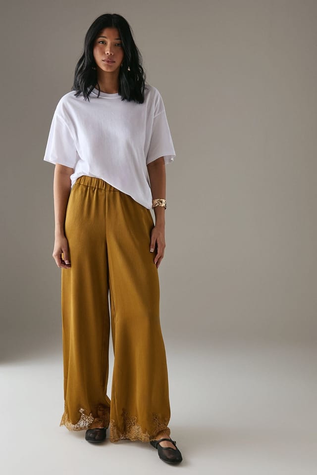 Warehouse Warehouse Women's Satin Lace Insert High Waisted Wide Leg Trousers in Ochre - 2