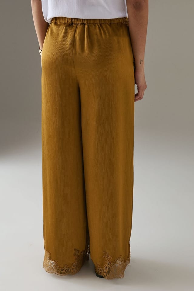 Warehouse Warehouse Women's Satin Lace Insert High Waisted Wide Leg Trousers in Ochre - 3