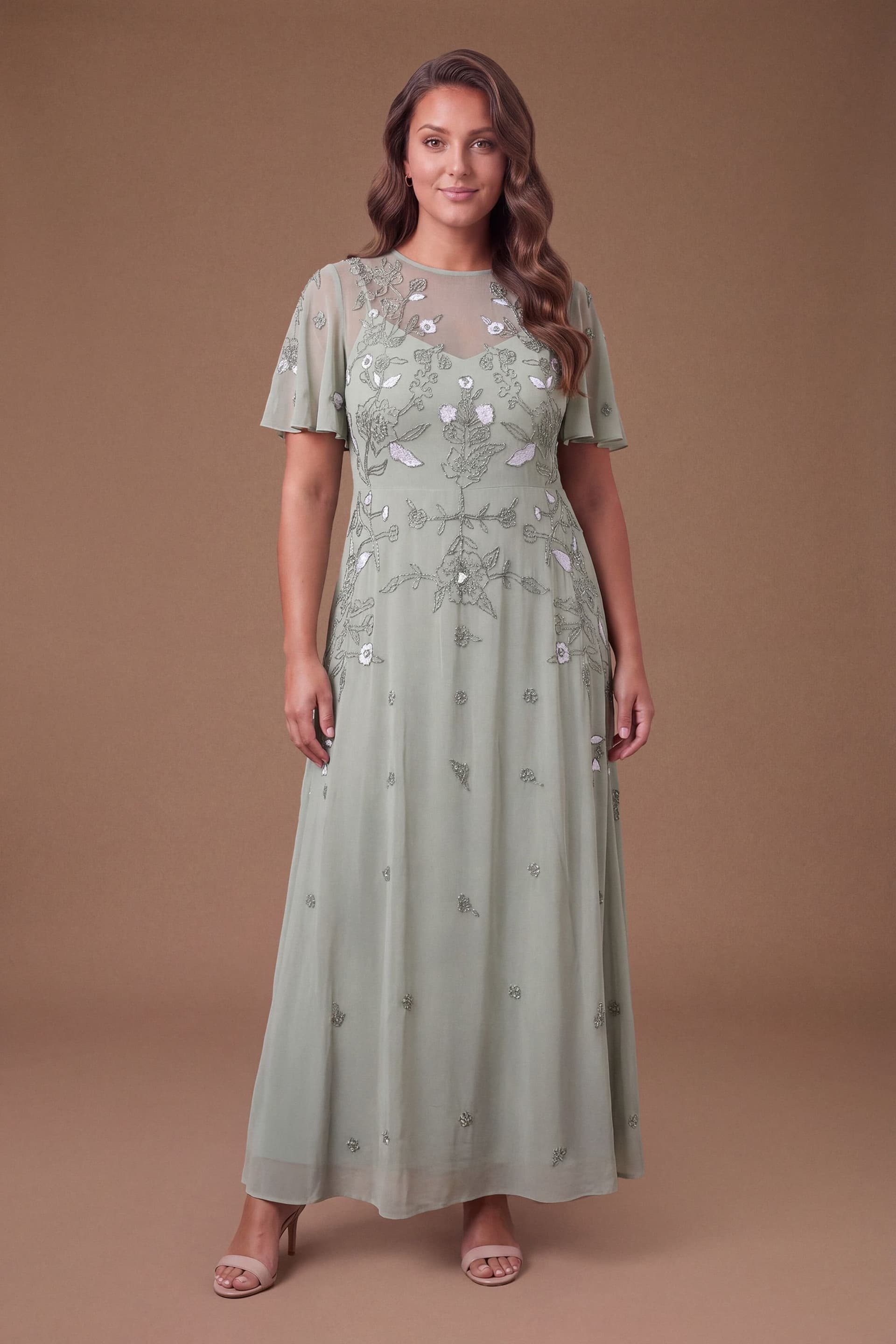 Coast Coast Women's Plus Floral Embroidered & Beaded Angel Sleeve Maxi Dress in Sage