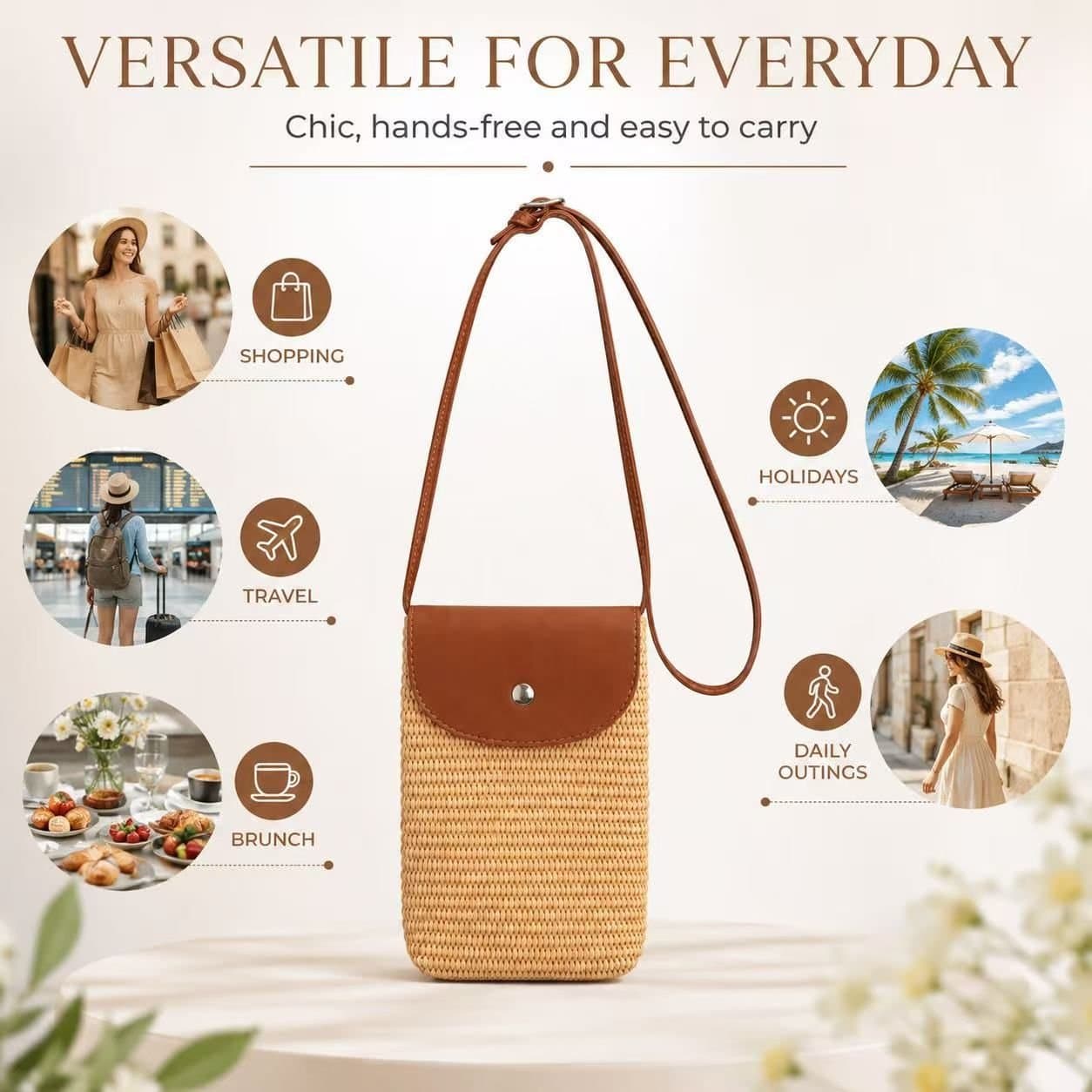 BluCore BluCore Beige Woven Straw Crossbody Phone Bag