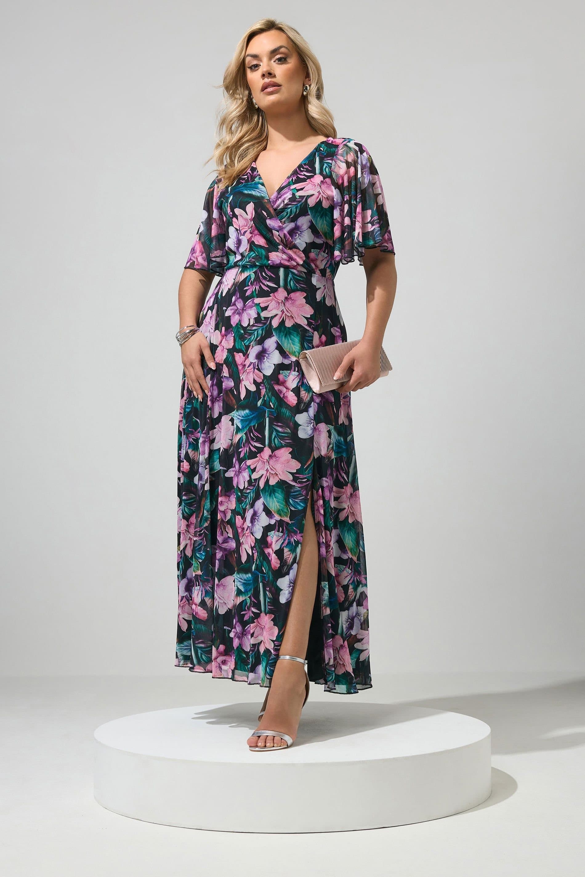 Yours Yours Women's Floral Angel Sleeve Maxi Dress in Black
