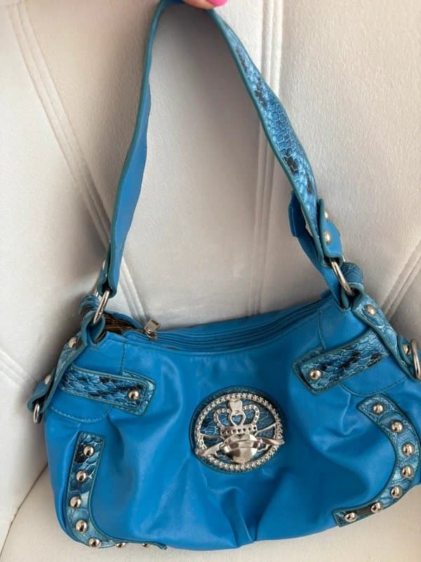 Vintage Dressing RARE Y2K Blue Hobo Shoulder Bag 💙 Vintage 2000s McBling Studded Snake Print Faux Leather