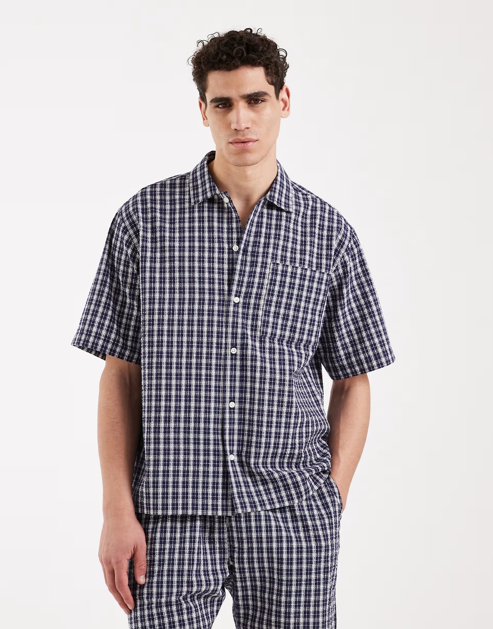 ASOS Redefined Rebel Rowdy oversized fit short sleeve checked shirt co-ord in navy