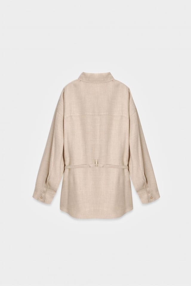 Dilvin Dilvin Women's Long Belted Woven Shirt in Beige - 2