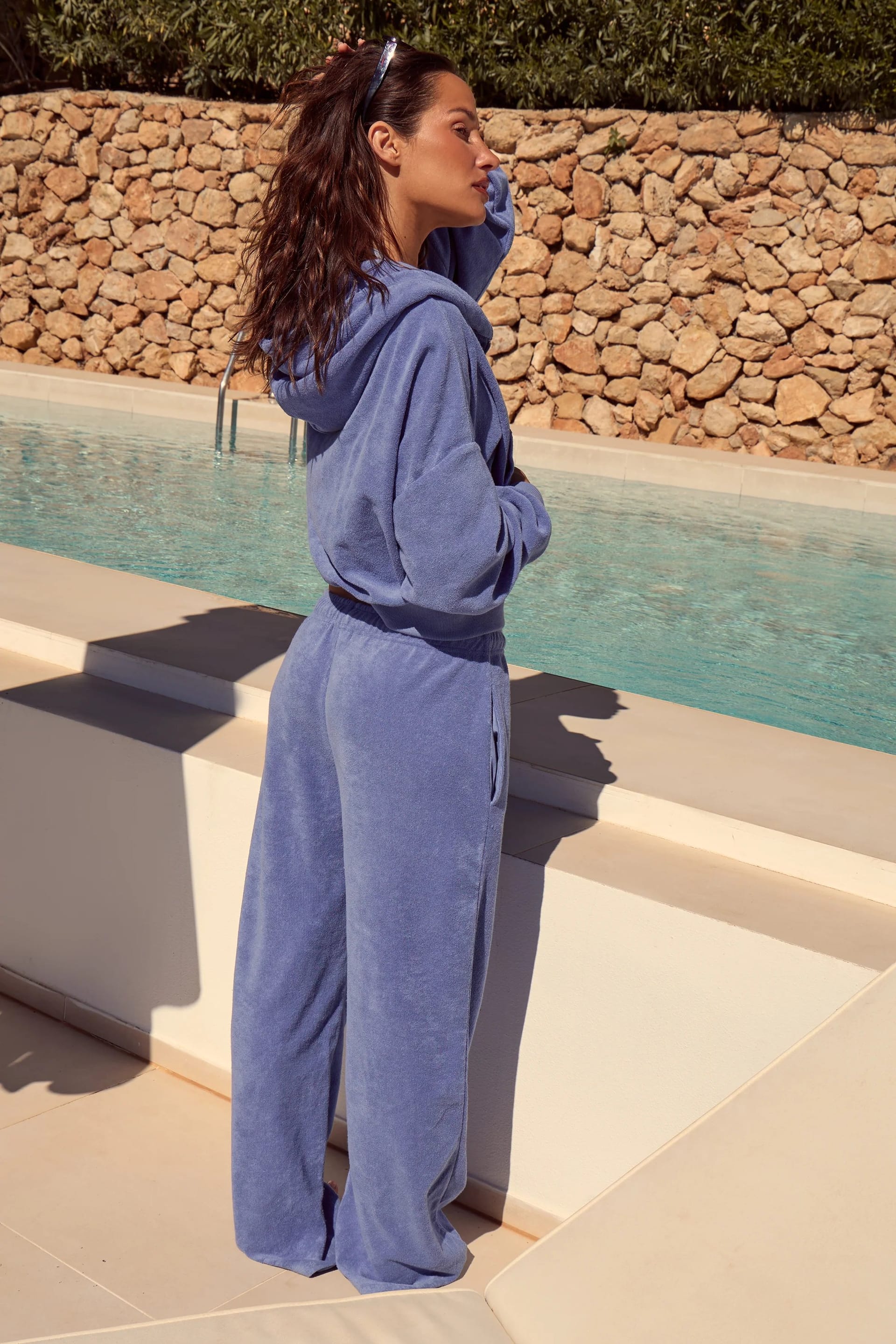 Kaiia Kaiia Logo Towelling Wide Leg Joggers Lagoon Blue - 4