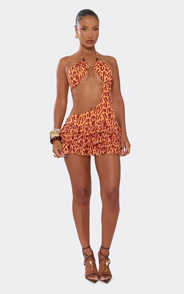 EGO Halterneck Beaded Detail Cut Out Frill Playsuit In Orange Leopard Print, Women's Size UK 6 - 2