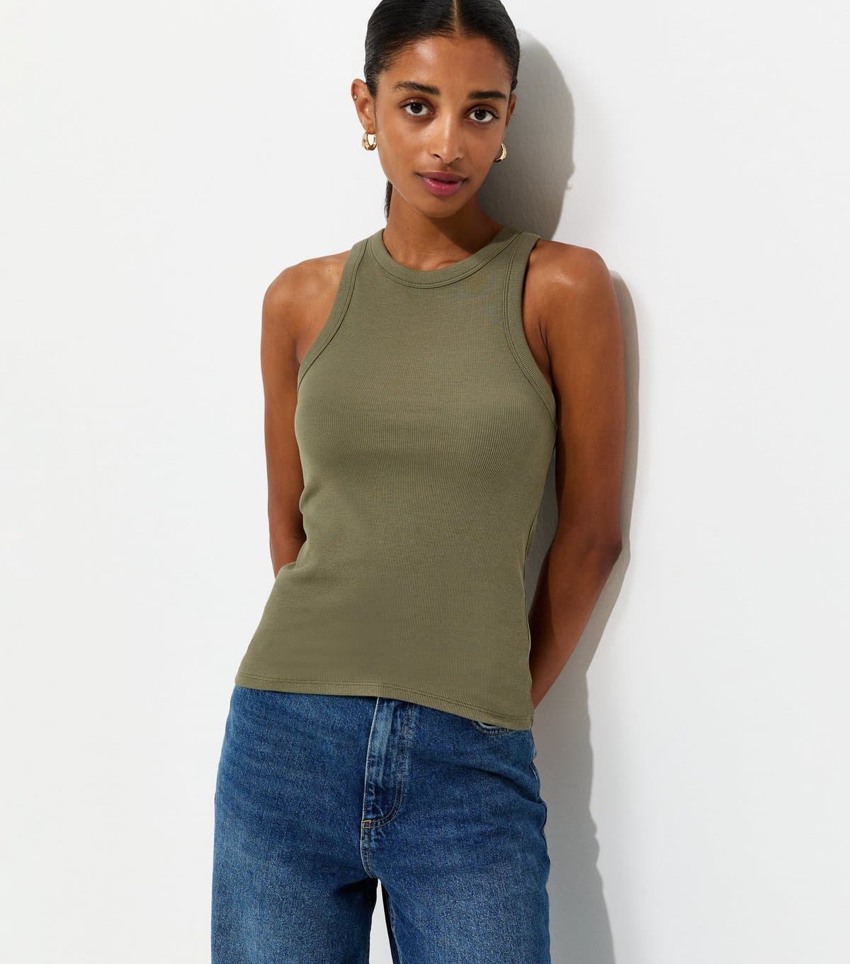 New Look New Look Dark Khaki Cotton Rich Racer Back Ribbed Vest Top