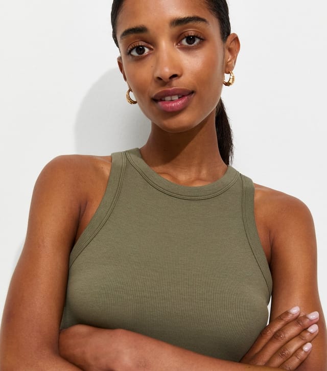 New Look Women's Dark Khaki Cotton Rich Racer Back Ribbed Vest Top New Look - 2
