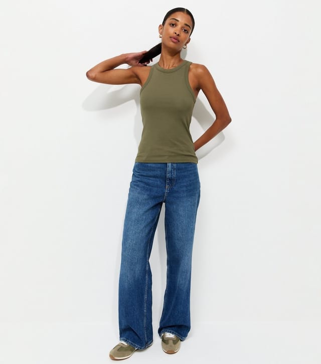 New Look Women's Dark Khaki Cotton Rich Racer Back Ribbed Vest Top New Look - 3