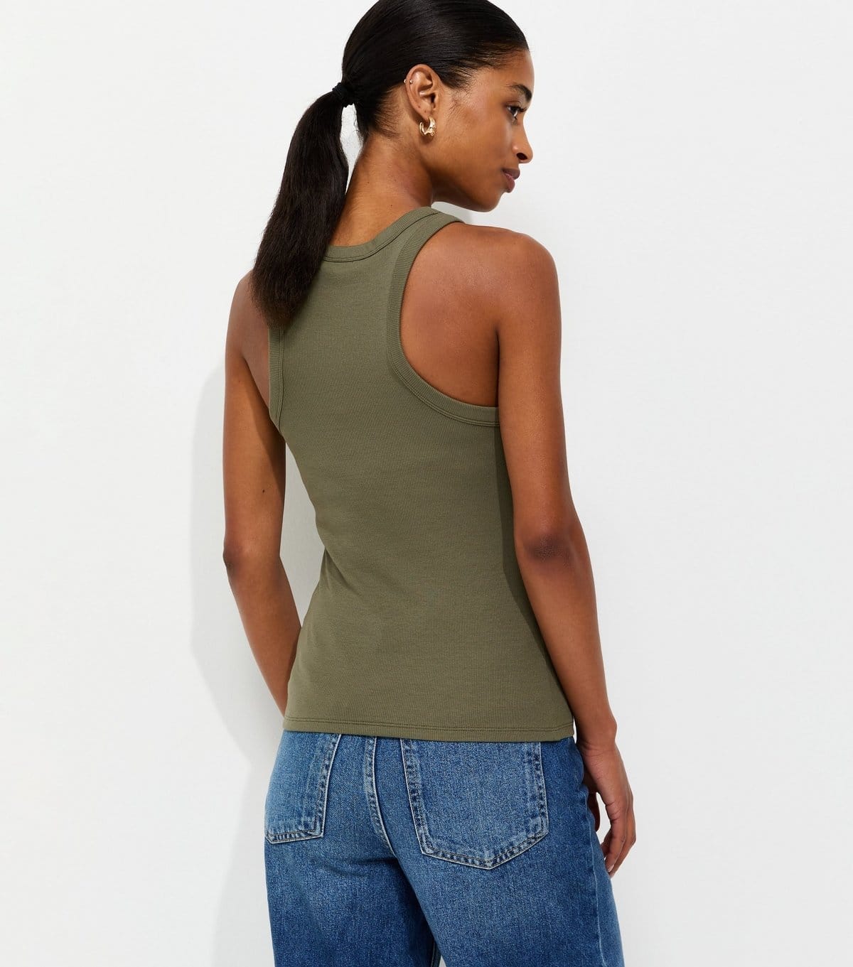 New Look Women's Dark Khaki Cotton Rich Racer Back Ribbed Vest Top New Look - 4