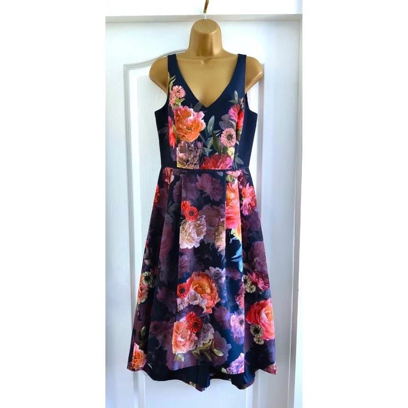 Oasis Oasis Navy Purple Floral Hi-Low Midi Occasion Dress Sleeveless Size 10