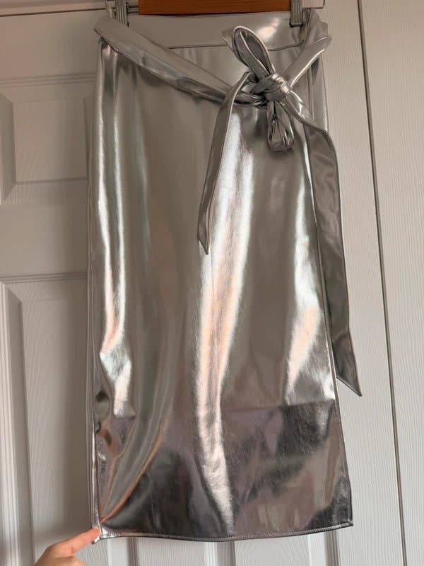 Never Fully Dressed Never Fully Dressed Jaspre Silver Wrap Leather Skirt - UK8