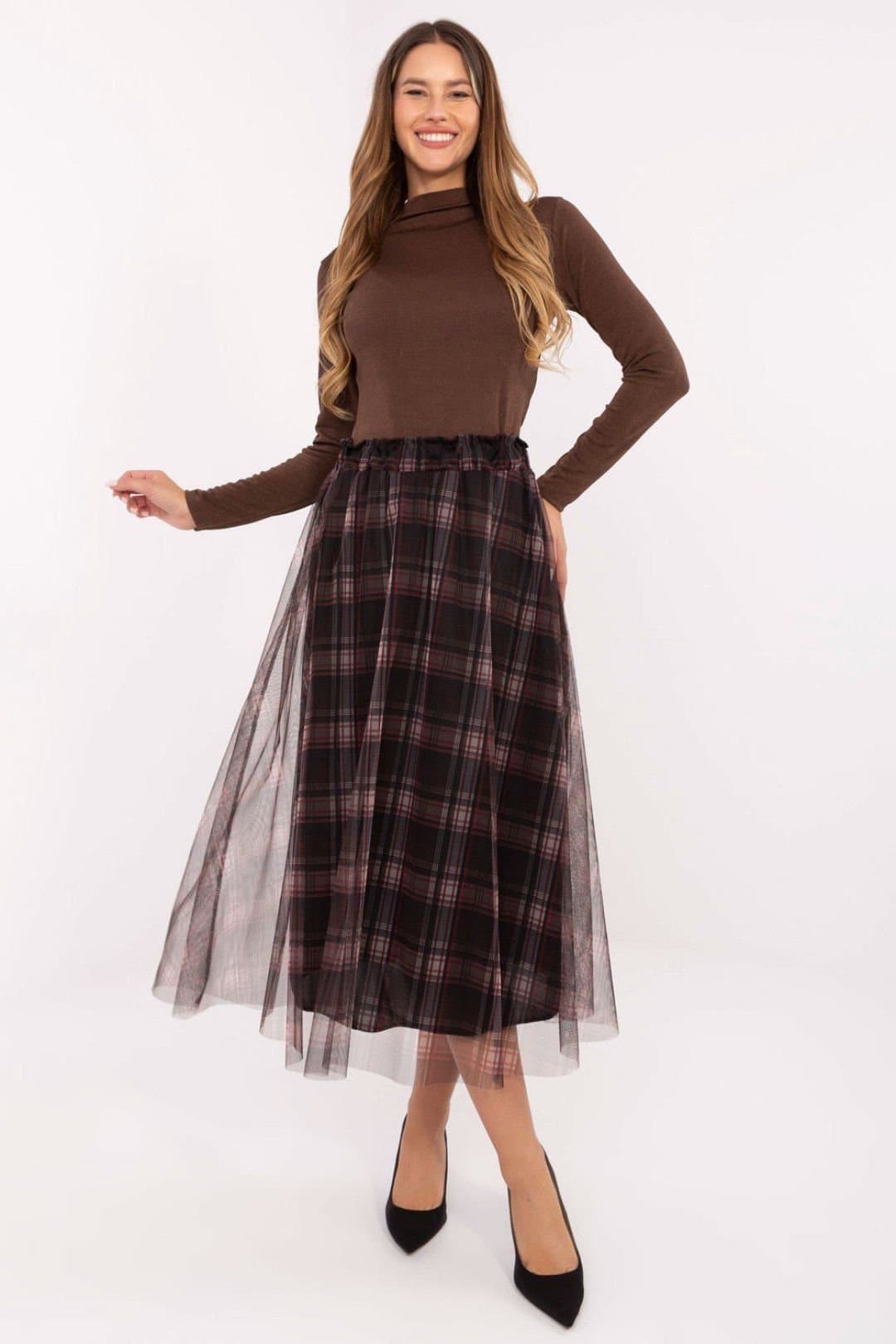 Love Lace Love Lace Women's Tulle Checkered Flared Midi Skirt with Elastic in Black