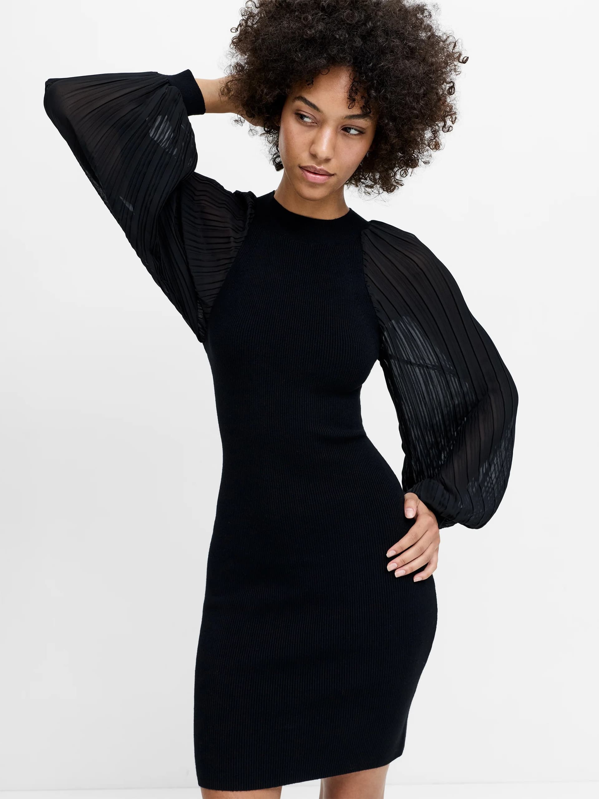 French Connection Krista Pleated Sleeve Black Knit Mini Dress Black