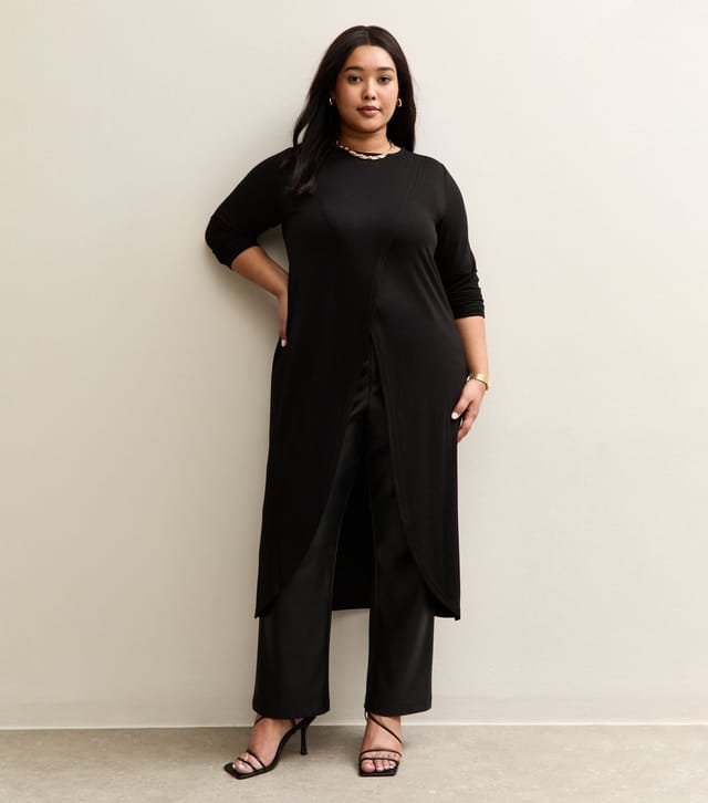 New Look Women's Plus Size Black Soft Touch Longline Wrap Top Curves New Look - 2