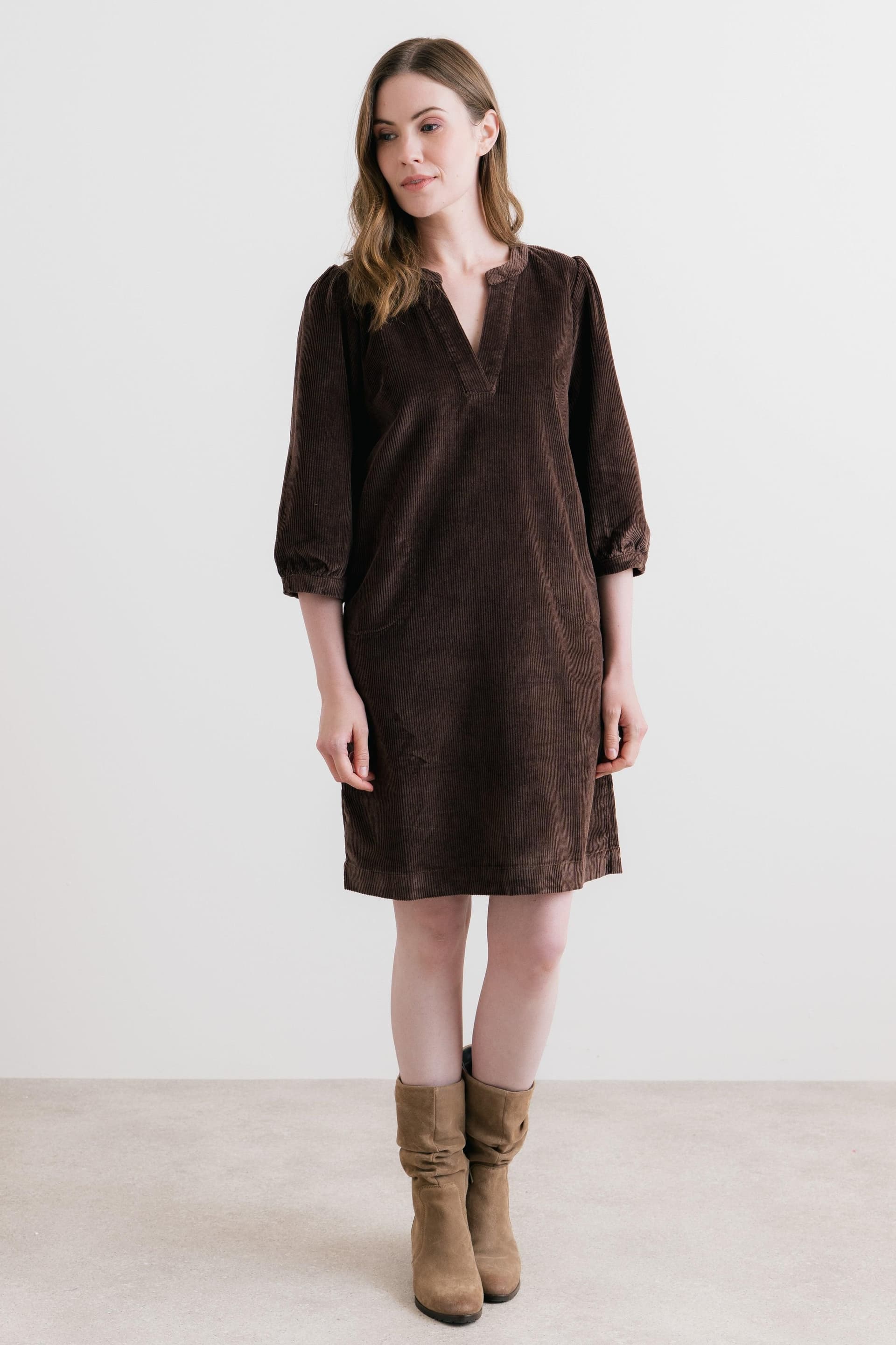 Lily & Me Lily & Me Women's Harvest Stretch Jumbo Cord Shift Dress in Chocolate