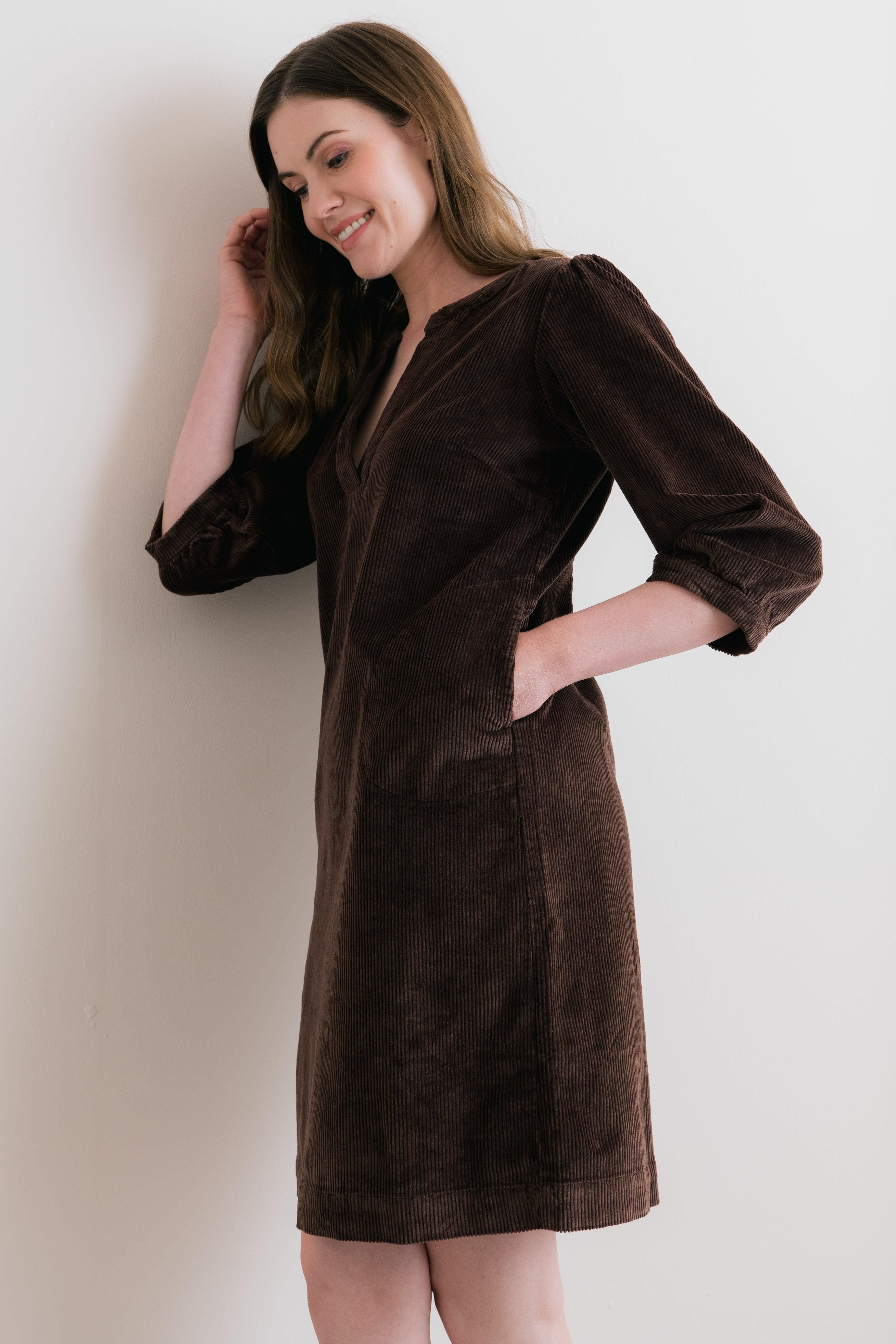 Lily & Me Lily & Me Women's Harvest Stretch Jumbo Cord Shift Dress in Chocolate - 2