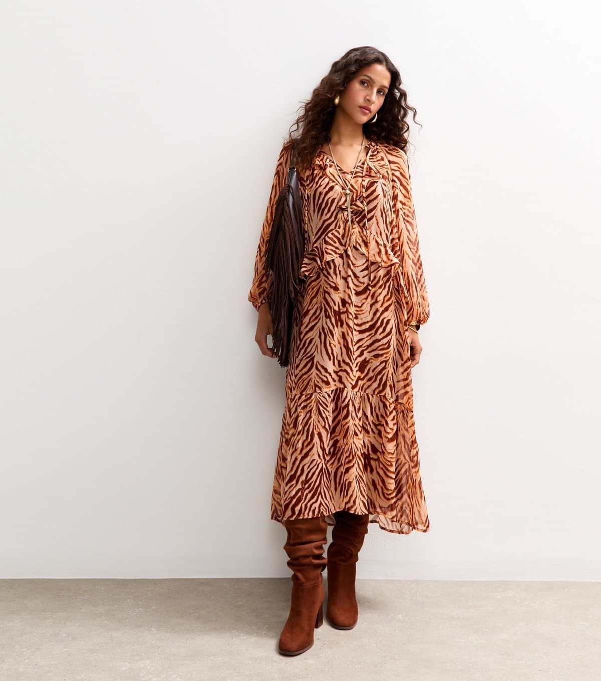 New Look Women's Brown Animal Print Chiffon Midi Dress New Look