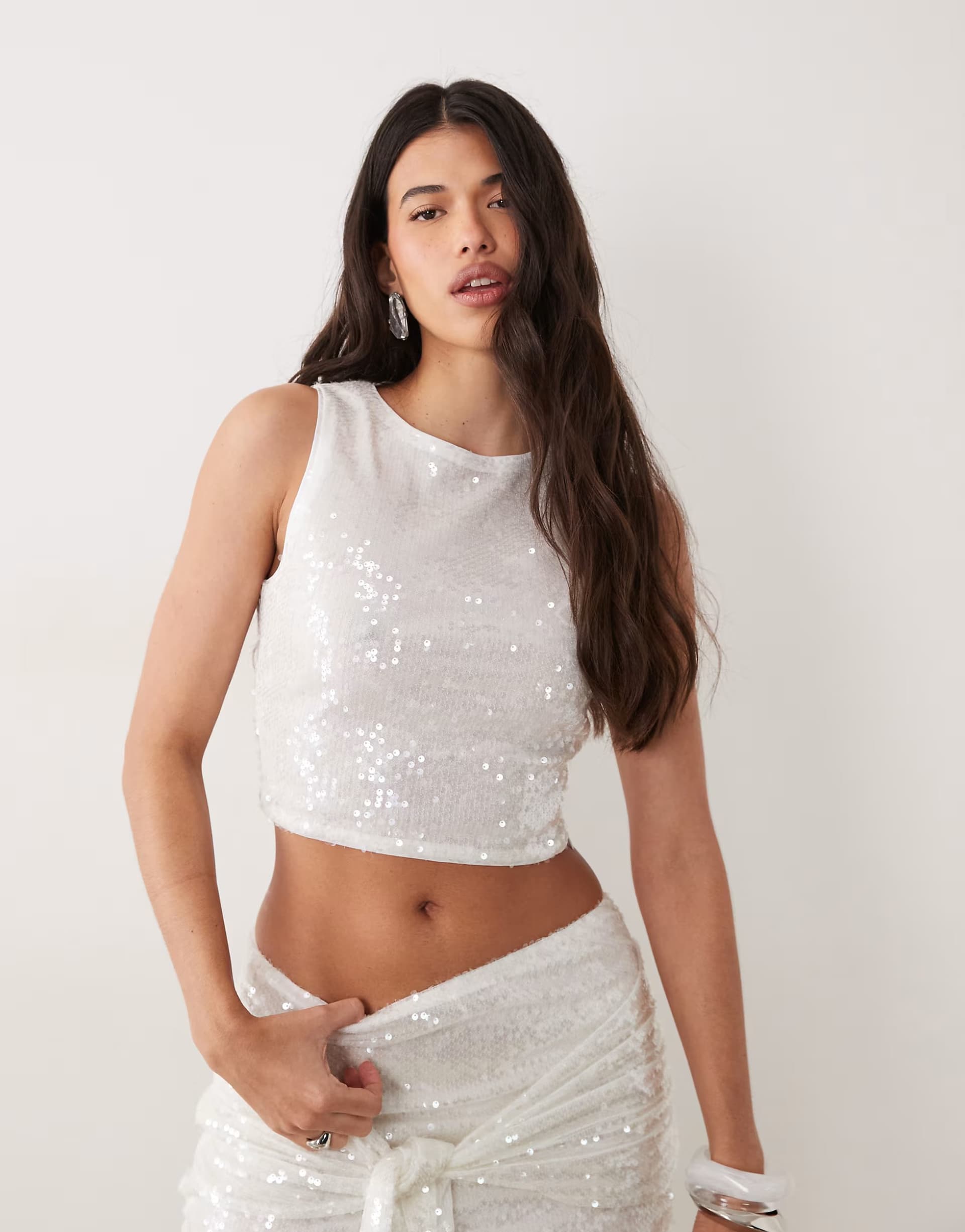ASOS Missyempire sequin racerneck top co-ord in white