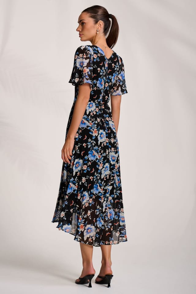 Jolie Moi Jolie Moi Women's Printed Chiffon Pleated Maxi Dress in Black - 2
