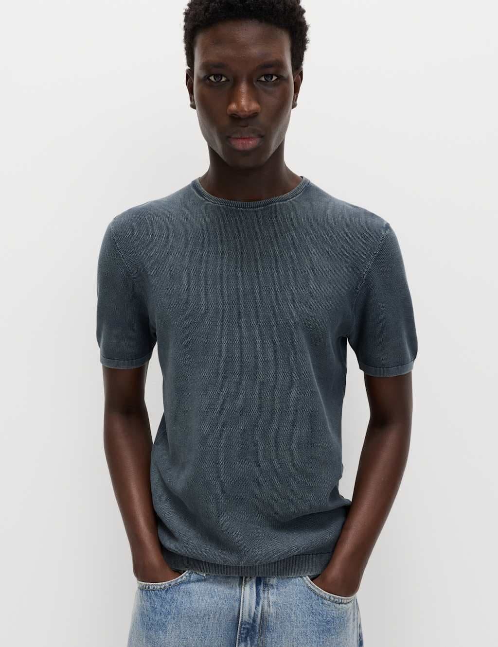 Marks & Spencer M&S Pure Cotton Garment Dyed Knitted T-Shirt Navy