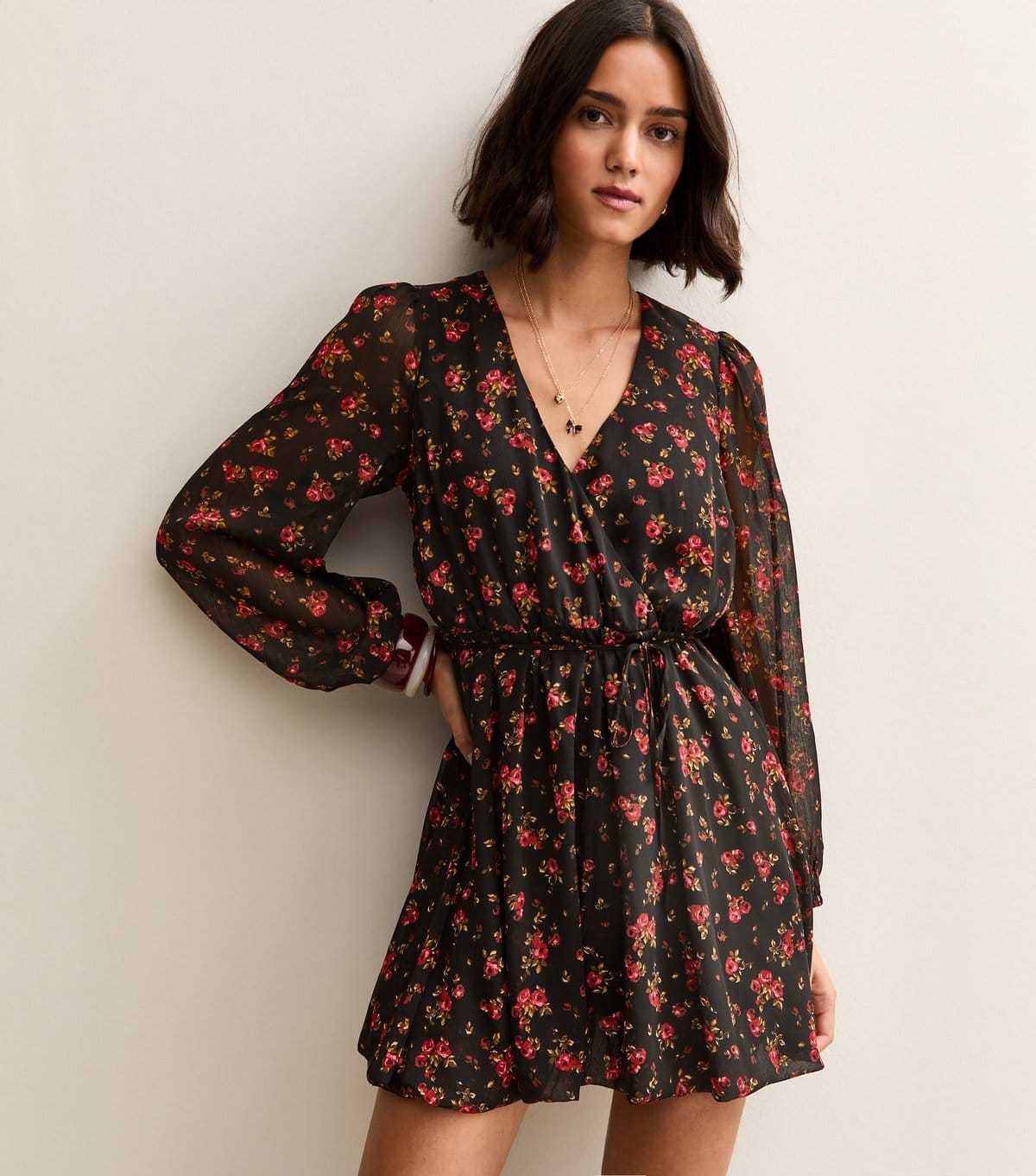 New Look Black Floral Wrap Front Mini Dress