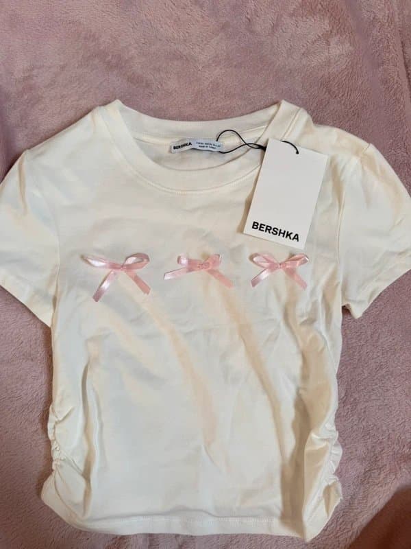 Bershka bershka pink bow white ruched crop top